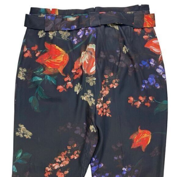 Express Paper Bag Pants Womens 6 Floral High Waisted Satin Shabby Chic Trousers - Picture 6 of 16